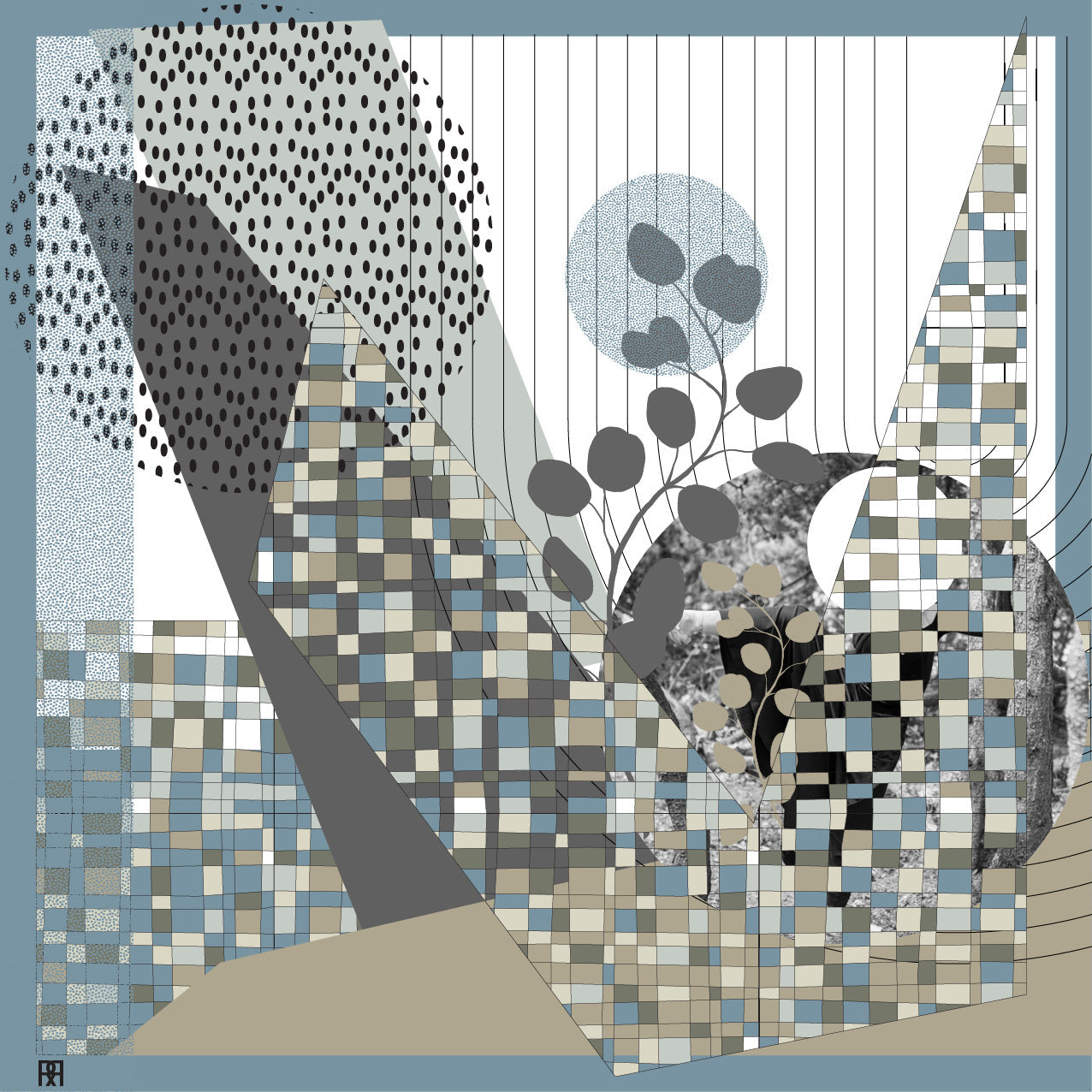 Abstract art piece with geometric shapes and patterns on a blue background